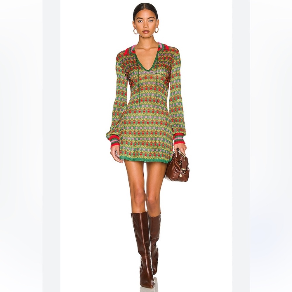 Free People Milano Green V-Neck Knit Dress with Pink Accents